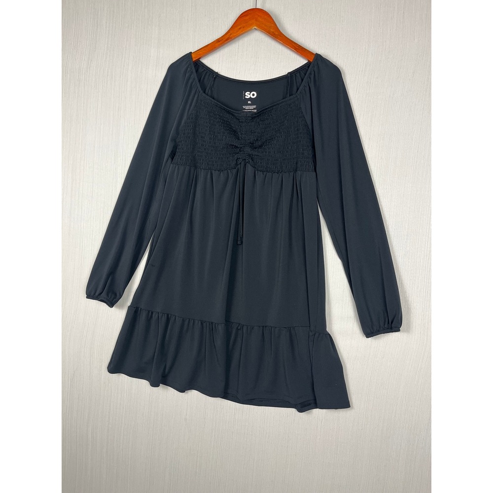Smocked Babydoll Mini Dress Women XL Black Long Sleeve Ruffle Tiered Coquette‎